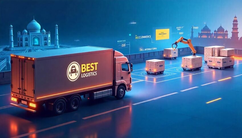"3D illustration of futuristic logistics network in India with delivery trucks, robotic warehouse, and digital POD tablet showing 2025's best shipping companies"