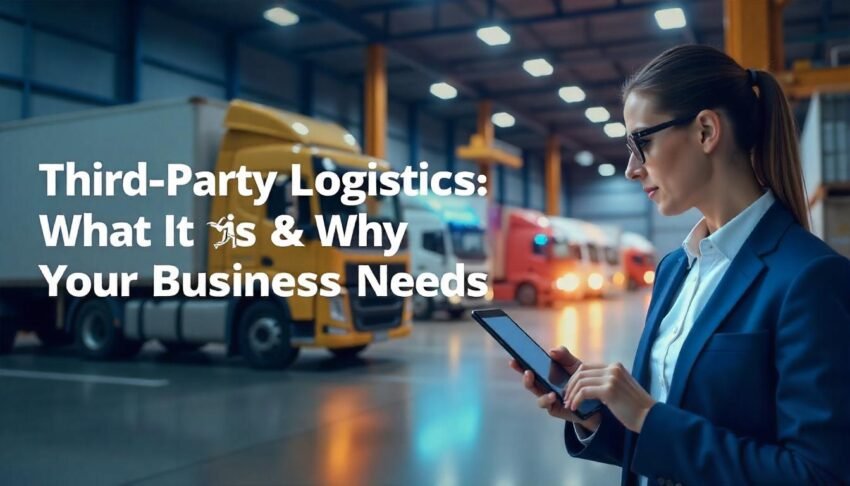 "Modern third-party logistics (3PL) operations including warehouse, delivery trucks, and digital tracking system"